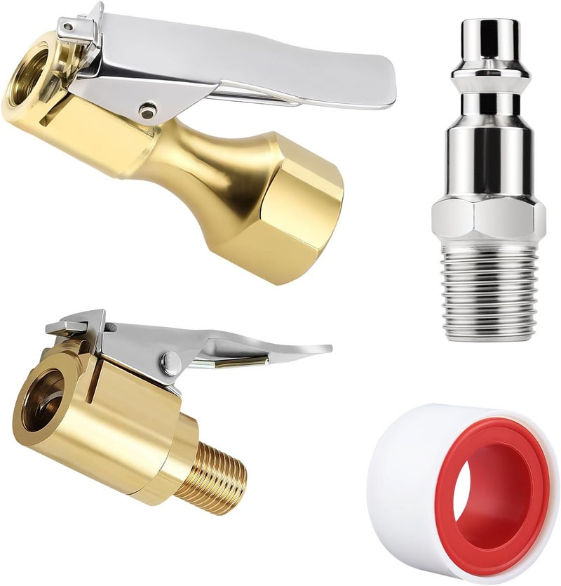GODESON Brass Locking Air Chuck Set– 8V1 & 1/4" NPT Clip-On Tires Air Chuck, Quick Connect Tire Inflator Adapter with Plug – Closed Flow Tires Inflator Nozzle for Tire Valve and Compressor Accessories - Image 1